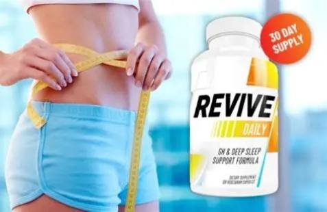 Revive Daily dietary supplement bottle designed to support sleep quality, metabolism, and overall wellness