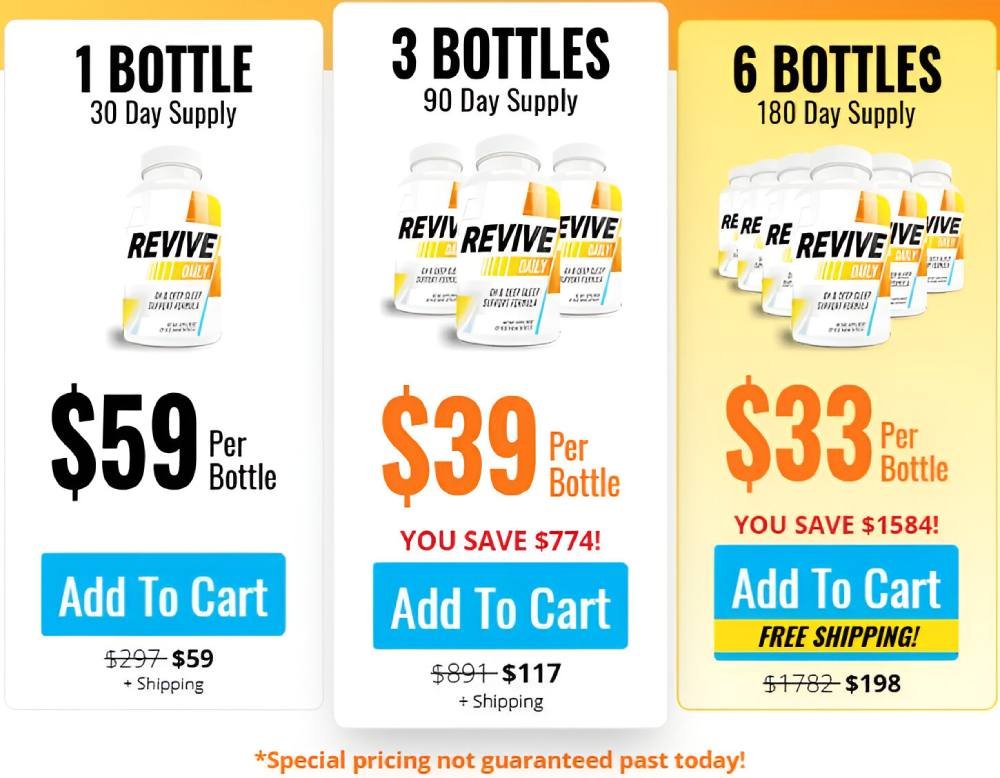 Revive Daily pricing promotion showing special offer packages and bundled purchase options